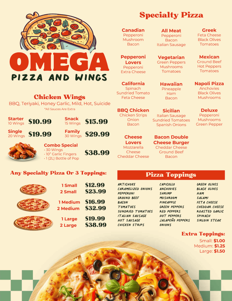 Omega Pizza and Wings - Menu Page 1
